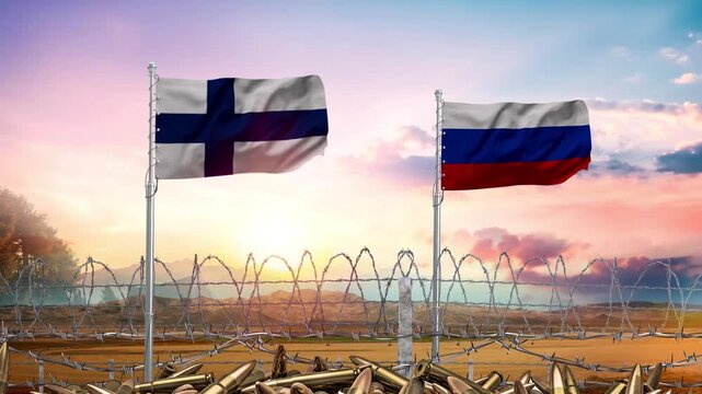 Finnish and Russian flags waving over a barbed wire border conflict footage