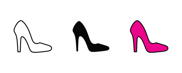 Obraz premium Elegant high heel woman shoe for fashion boutique, footwear beauty salon and lady apparel icon set. Stylish stiletto pumps symbol. Vector Illustration.