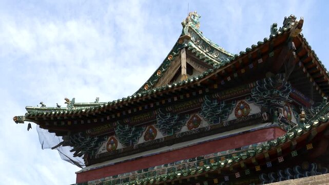  Ritual architecture of an ancient Buddhist monastery on the background of the blue sky.  Erdene Zuu monastery. Kharkhorin, Mongolia.
