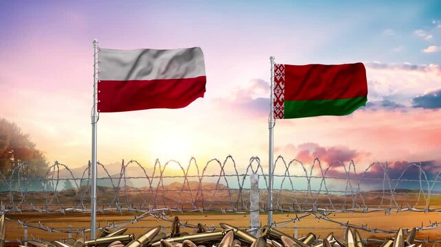 Poland and Belarus flags waving over barbed wire border footage