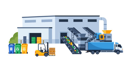 Sustainable Waste Recycling Plant and Sorting Facility. Industrial Process with Conveyor Belts, Forklift, and Truck for Environmental Management Illustration
