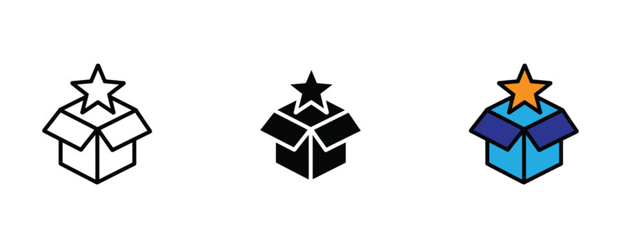 Open cardboard box with star for surprise gift, bonus reward and product unboxing icon set. Special offer and prize delivery symbol. Vector Illustration.