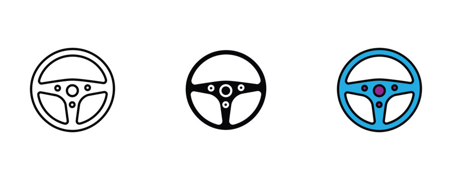 Car steering wheel for vehicle driving control, automotive transport and power steering system icon set. Driving school and racing simulator symbol. Vector Illustration.