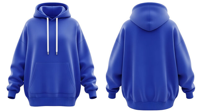 Blue hoodie sweatshirt, front and back view, with drawstrings and elastic hem
