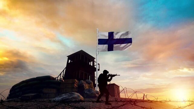 Soldier defending an outpost beneath the Finnish flag