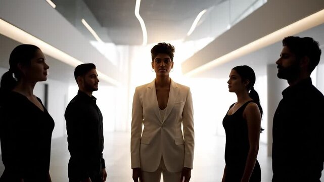 Leader Woman Standing Confidently in a White Suit While Her Diverse Team Bows in Respect