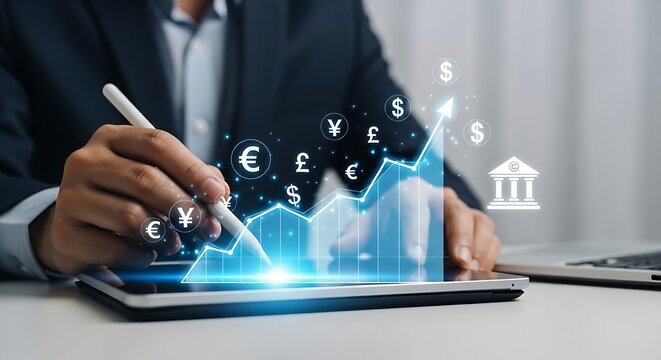 Seorang pengusaha menganalisis data keuangan dengan tablet digital dan grafik pasar saham yang bersinar.