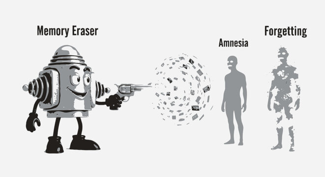 Cartoon robot shoots a memory-erasing ray, leading to amnesia and forgetting