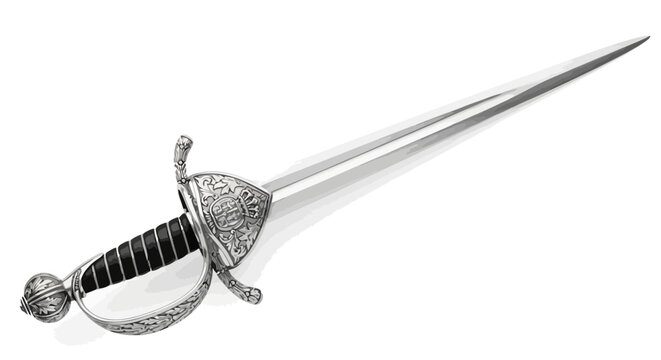 A detailed, isolated image of a rapier with intricate metalwork and a black grip