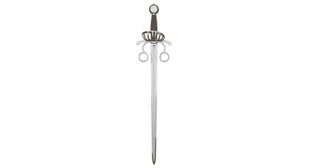 A detailed image showcasing a sword with a complex guard design, upright against a white backdrop © adek