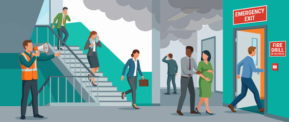 The image depicts a fire drill scenario in an office building where people are evacuating through staircases, led by a staff member using a megaphone to guide them towards safety. © Haitao