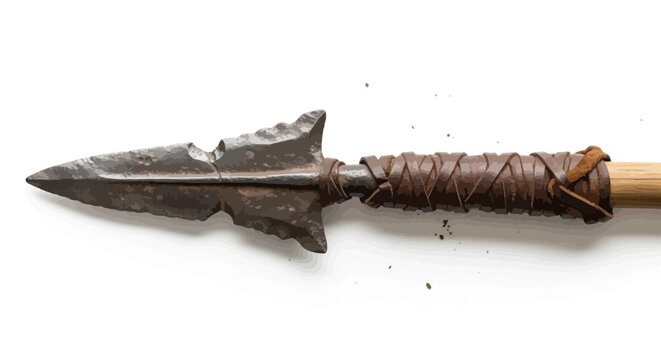 A close-up of an arrow with a stone arrowhead bound to a wooden shaft