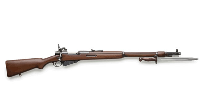 Detailed, side-view illustration of a rifle with a attached bayonet, set against a white backdrop