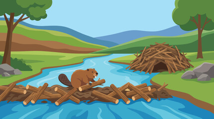 This delightful image showcases a beaver actively building a dam in a serene natural landscape, highlighting the beauty of wildlife and the importance of environmental ecosystems. © Haitao