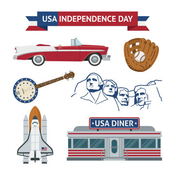 This image showcases iconic symbols of American culture associated with Independence Day, like a convertible car, baseball, Mount Rushmore, and a diner, celebrating freedom.