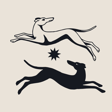 Minimalist Running Dog Logo Set with Star Symbol. Suitable for logo design, branding, pet businesses, apparel graphics, badges, emblems, and modern visual identity projects. Black and white vector 