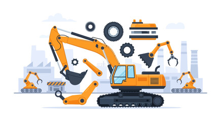 Naklejka premium Excavator Assembly, Maintenance & Parts Diagram. Heavy Construction Equipment Engineering and Industrial Manufacturing Components Illustration.