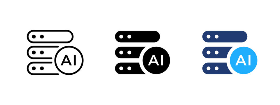 AI data center icon. Server and technology symbol. Cloud, digital and artificial intelligence concept. Network, storage and interface design representing AI, data center and computing systems.