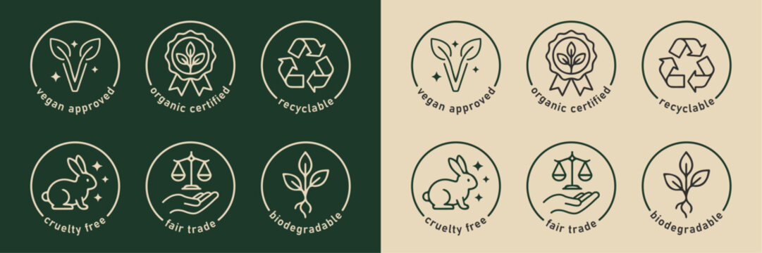 Set of Eco Friendly Organic Product Labels and Sustainability Icons for Packaging Design Isolated on Two Tone Background
