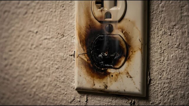 Damaged electrical outlet showing signs of electrical fire and smoke with melted plastic and burn marks on a textured wall background