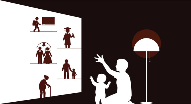 Parenthood Future Vision Concept with Shadow Puppets Showing Life Stages Symbolizing Parental Hope and Child Growth Illustration