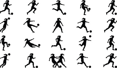 Fototapeta premium Female soccer player silhouettes collection featuring dribbling kicking running and tackling poses dynamic sports vector set isolated on white background for training design use