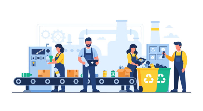 Industrial Recycling Process: Workers Sorting & Managing Waste for a Sustainable Future