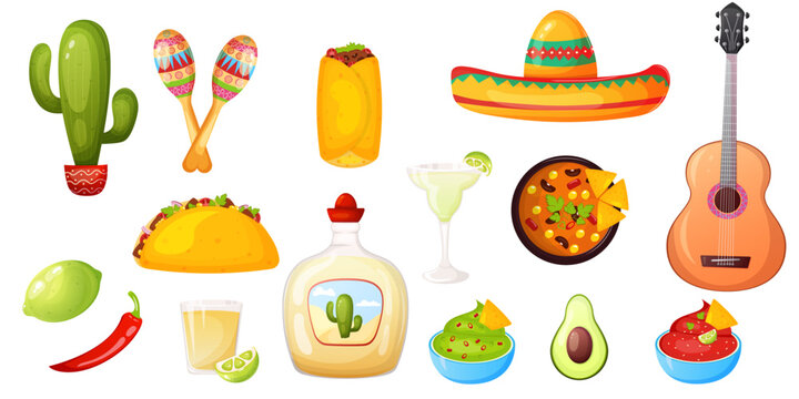 Cinco de Mayo festive elements vector set with cactus, maracas, tacos, tequila, guacamole, sombreros and guitar. Holiday designs objects collection.