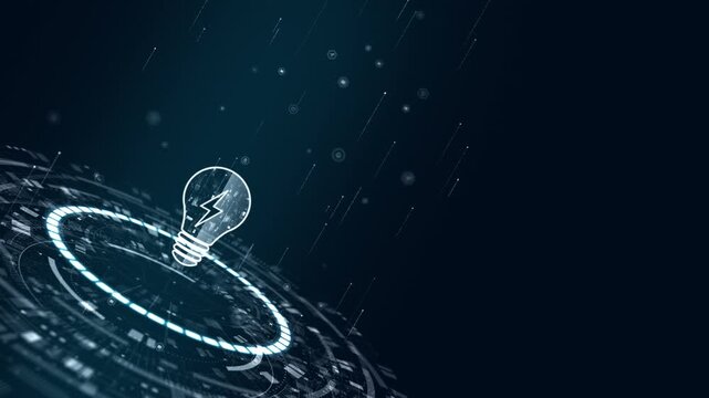 Motion graphic of glowing idea and energy icon over a futuristic HUD interface, featuring innovation, digital technology and smart solution visuals for corporate branding and tech promotion.