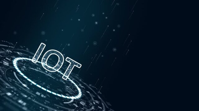 Motion graphic of IoT connectivity over a futuristic HUD interface, featuring smart devices, digital network technology and connected ecosystem visuals for technology marketing backgrounds.