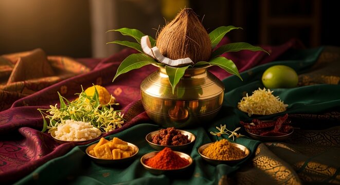 Traditional Ugadi Festival Still Life with Kalash, Coconut, and Six Tastes Ingredients on Silk Fabric