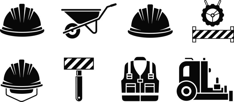 Construction Safety and Equipment Icons Set for Industry, Building Projects, and Worksite Graphics