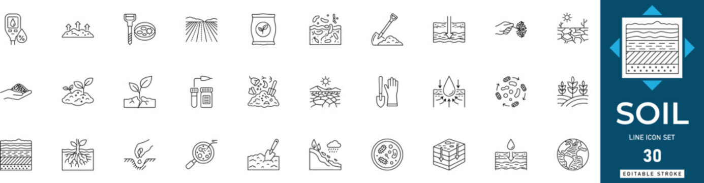Soil line icon set featuring agriculture, earth, ground, compost, farming, nature, and geology. Professional editable vector illustration.
