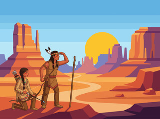A vivid scene depicting an Indigenous tribe searching the vast desert landscape under a setting sun, emphasizing their connection to nature and tradition. © Liutao