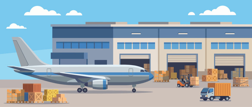 A dynamic illustration of an airport cargo facility, showcasing the bustling activity of loading and unloading goods, highlighting logistics and the movement of global trade.