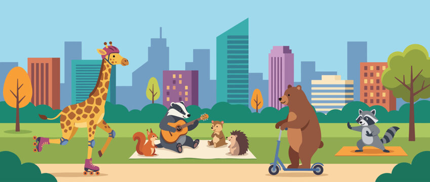 A whimsical scene depicting a giraffe on roller skates enjoying a sunny day with woodland animals like a bear, raccoon, hedgehog, and more gathered around musicians.
