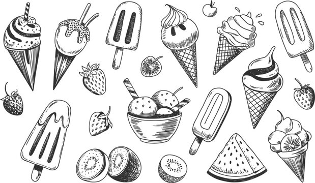 Hand drawn dessert doodles vector set, ice cream fruits cakes sweets sketch collection