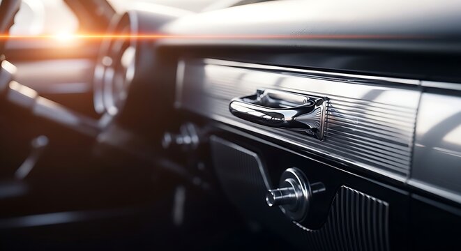 Close up of a classic vintage car dashboard interior with chrome accents and warm sunlight streaming through the window