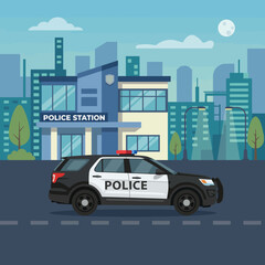 A modern city scene showcasing a police station and patrol car, symbolizing law enforcement's commitment to safety and community in an urban environment. © Zeming
