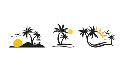 Obraz premium Minimal Tropical Island Silhouette – Palm Trees and Sunset Landscape Illustration