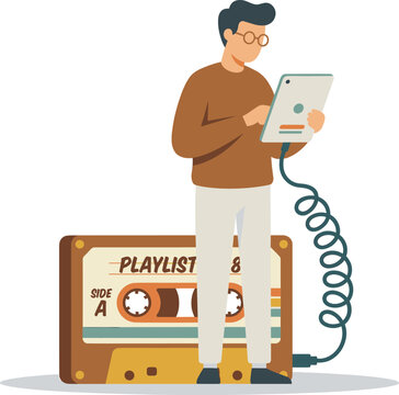 Man Using Tablet Connected to Retro Cassette Tape with a Coiled Cable