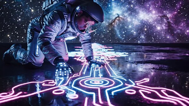 Astronaut Tracing Luminous Circuit on Wet Surface - A futuristic scene depicts an astronaut kneeling and tracing luminous lines on a wet surface with a starry galaxy background.