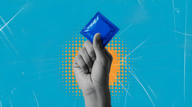 Vibrant Illustration Hand Holding Blue Condom Packet for Safe  and safe Health Education