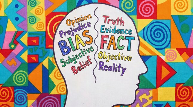 Human head outline with contrasting words &ldquo;Bias&rdquo; and &ldquo;Fact&rdquo; inside, cognitive thinking concept