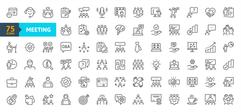 Outline icons set - meeting, seminar, lecture, presentation, webinar and online business communication. Thin line icon collection.