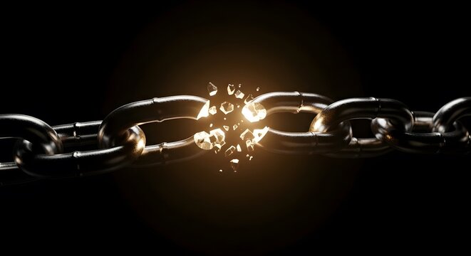Broken metal chain link with glowing fragments on black background