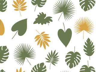 Seamless pattern of stylized tropical leaves in green and gold on a white background © Titi