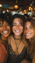 Obraz premium Young friends laughing and enjoying time together at a bar table, wearing casual. summer lifestyle concept. close-up portrait. Hyper-realistic photography.