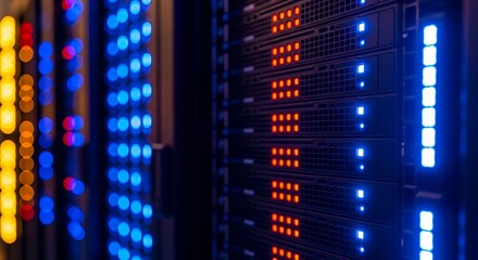Fototapeta premium Rows of server racks glow with blue and red lights. Flickering LEDs indicate active computer hardware. Modern data center equipment shines in dim lighting