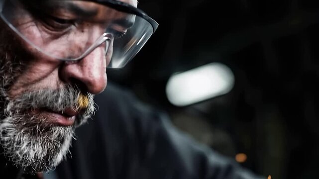 A close up shot of a senior technician wearing goggles intensely focused on grinding an aluminum part in a fini